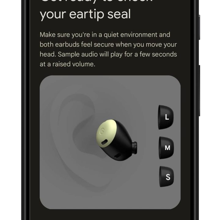 Pixel Buds app for Android: fit test screen.