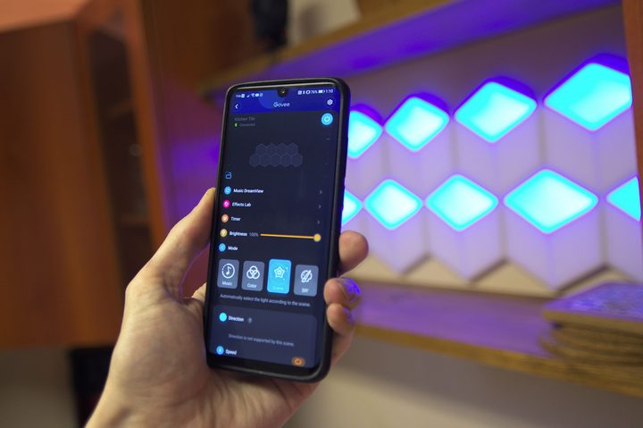 Govee Glide Hexa Pro panels activated with the app running in the foreground.