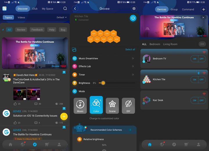 Screenshots of the Govee mobile app.