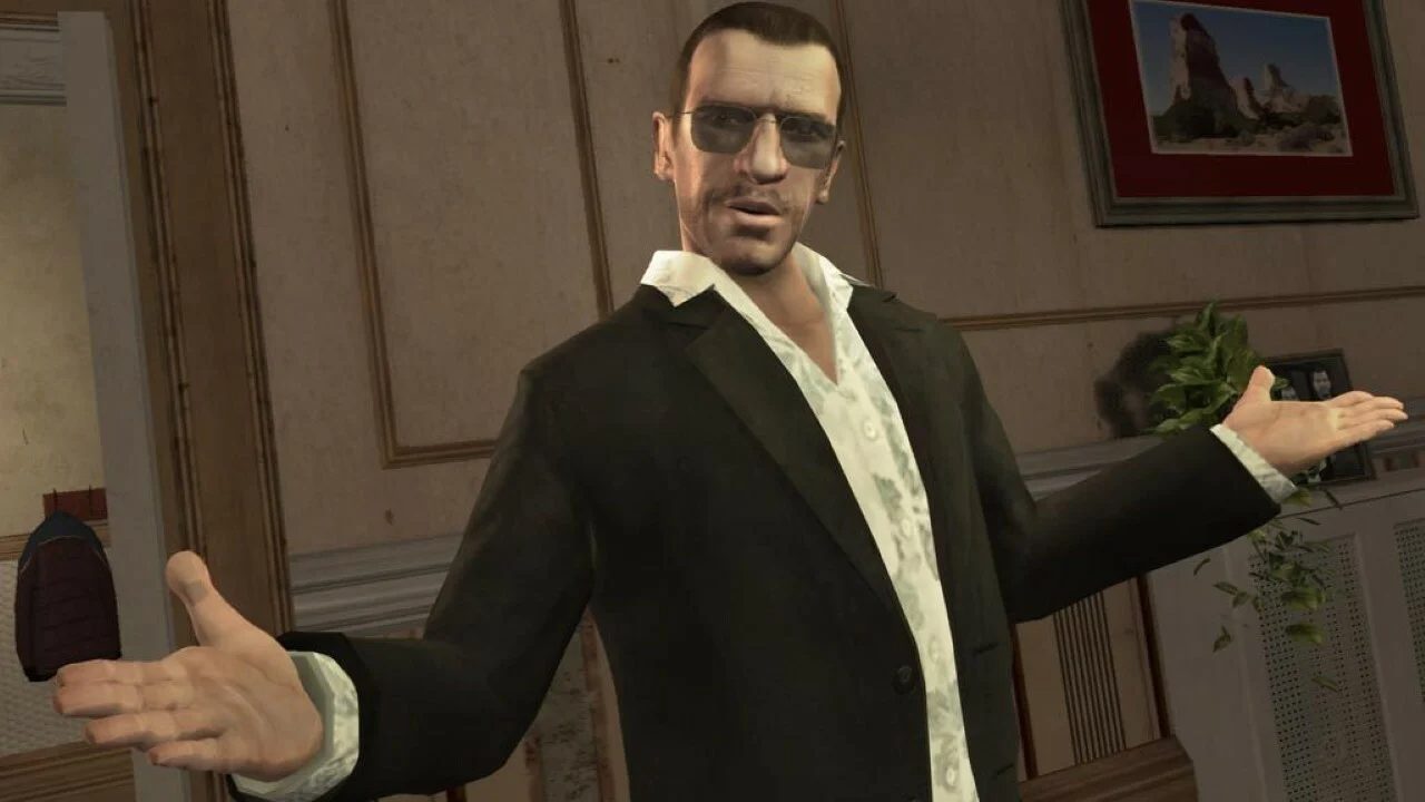 Niko Bellic with arms outstretched in Grand Theft Auto IV.
