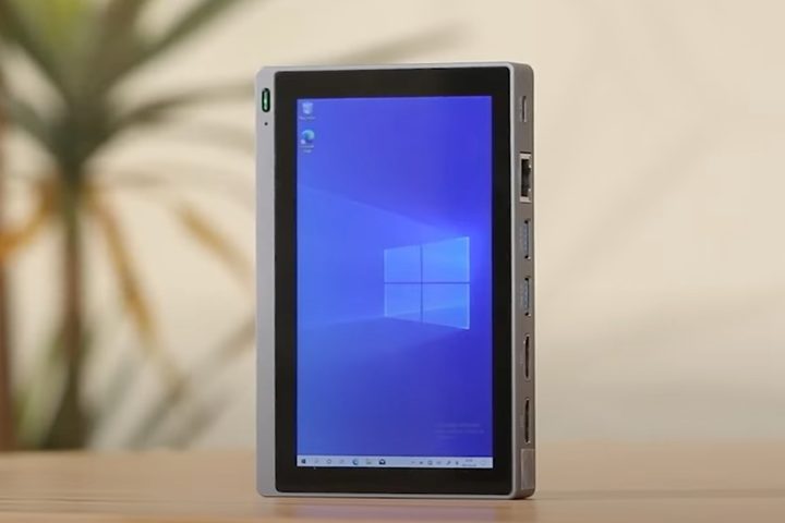 The Higole mini PC up on its side.