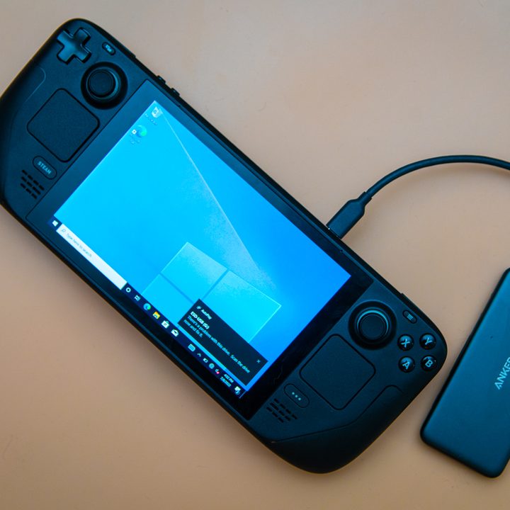 A USB-C hub hanging out of the Steam Deck.