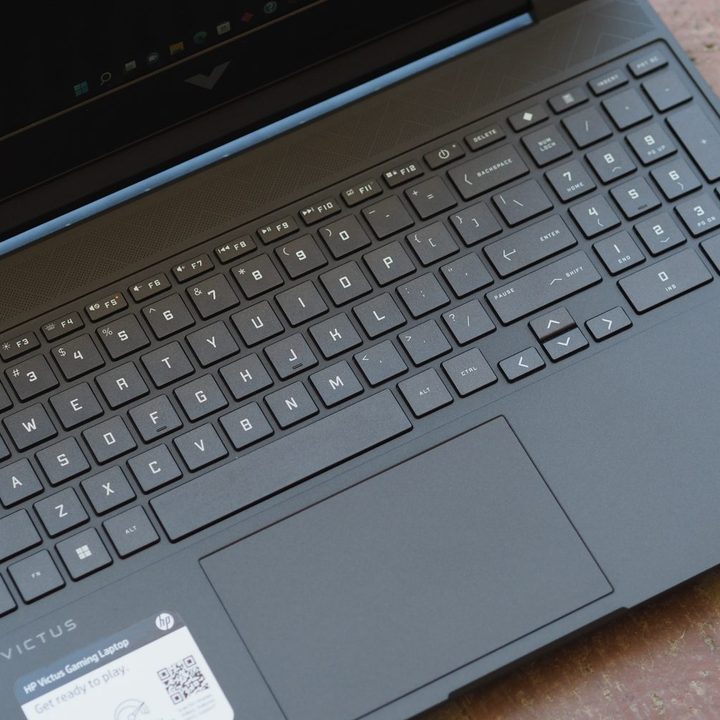 HP Victus 15 top down view showing keyboard and touchpad.