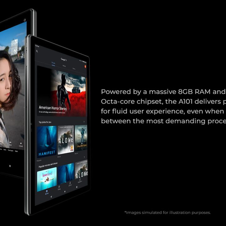 The HTC A101 floating against a black background next to text reading: "Powered by a massive 8GB RAM and a UNISOC T618 Octa-core chipset, the A101 delivers plenty of power for fluid user experience, even when switching between the most demanding processes."