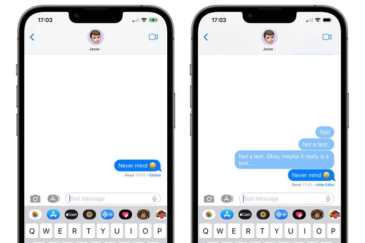 Two iPhones showing edit history in iOS 16 beta 4 Messages app.