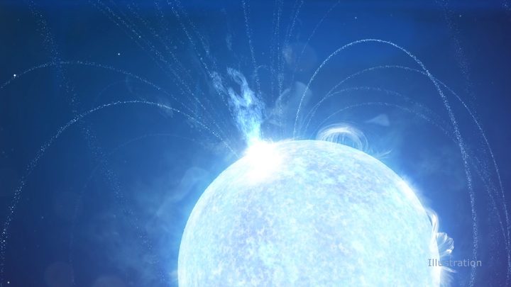 A powerful X-ray burst erupts from a magnetar - a supermagnetized version of a stellar remnant known as a neutron star - in this illustration.
