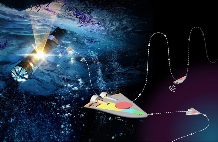 In the Sensing With Independent Micro-Swimmers (SWIM) concept, illustrated here, dozens of small robots would descend through the icy shell of a distant moon via a cryobot – depicted at left – to the ocean below. The project has received funding from the NASA Innovative Advanced Concepts program.