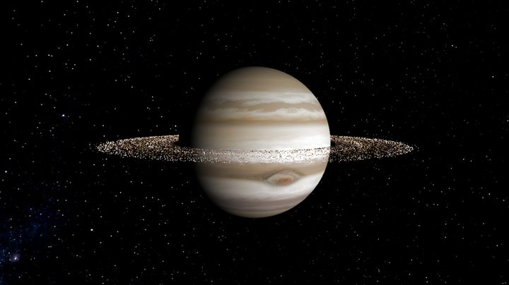 Artist rendering of Jupiter with rings that rival Saturn's.