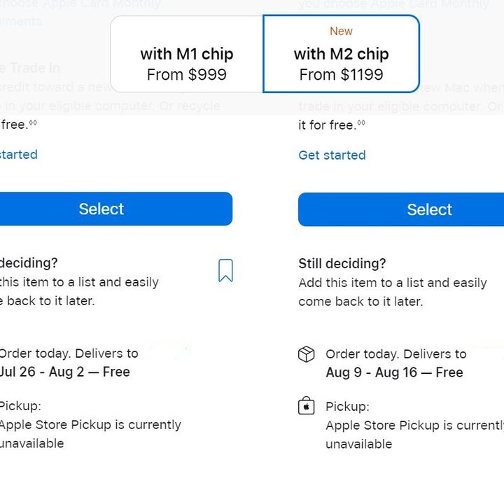 An Apple Store product page with the prices of the M1 and M2 MacBook Air next to each other.