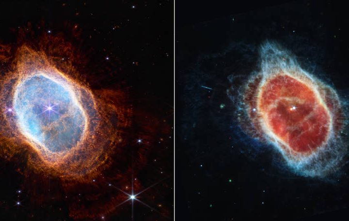Two stars imaged by the James Webb telescope. The stars – and their layers of light – are prominent in the image from Webb’s Near-Infrared Camera (NIRCam) on the left, while the image from Webb’s Mid-Infrared Instrument (MIRI) on the right shows for the first time that the second star is surrounded by dust.