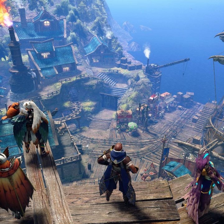 Players look over a harbor in Monster Hunter Rise: Sunbreak.