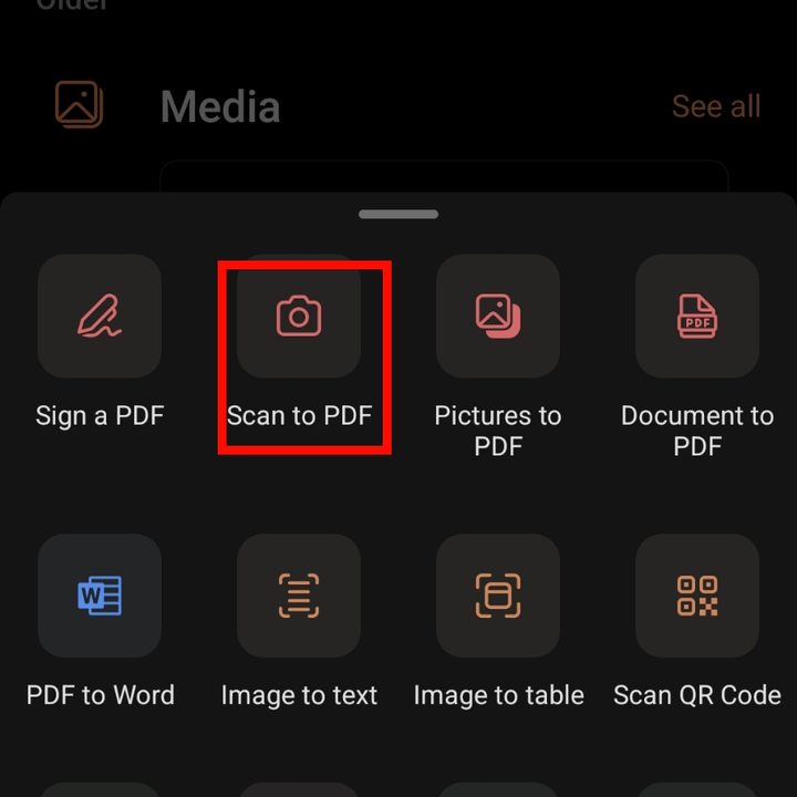 MS Office app showing menu with Scan to PDF highlighted.