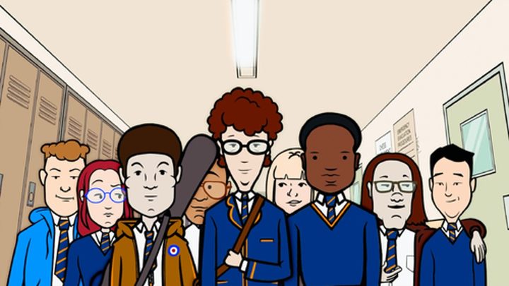 Kids stand in school in My Old School.