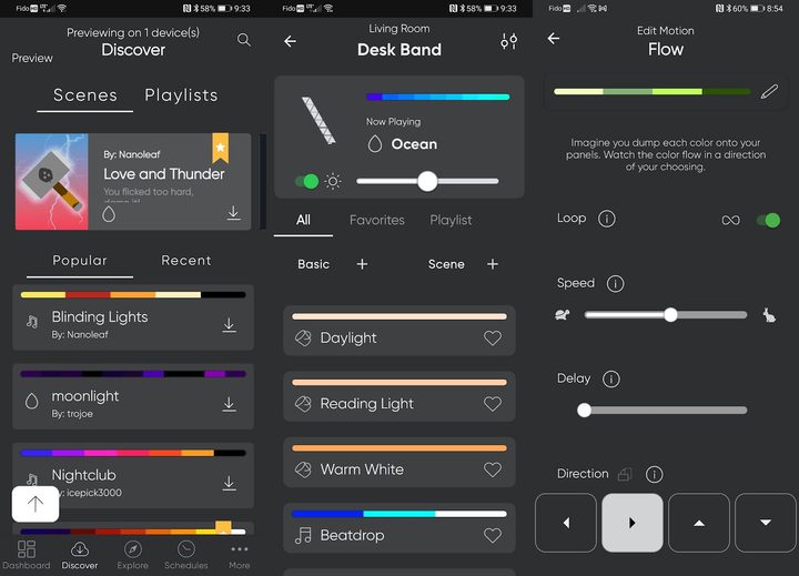 Screenshots from the Nanoleaf app.