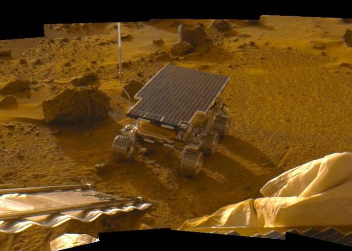 The newly deployed Sojourner rover – the first of its kind on the red planet – sits on the Martian surface after driving down Pathfinder’s ramp in July, 1997..