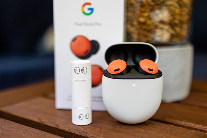 Pixel Buds Pro in coral color with the extra eartips.
