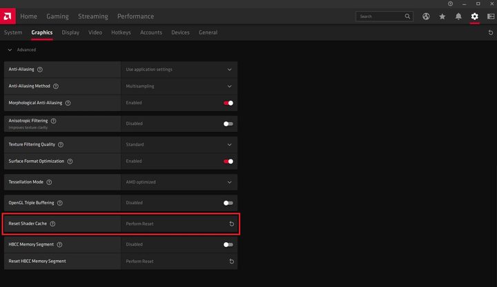Shader cache options in Radeon Software.