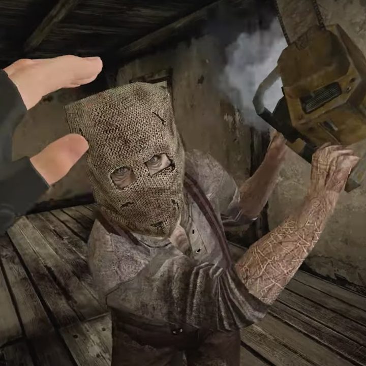 Chainsaw man attacking Leon in Resident Evil 4 VR.