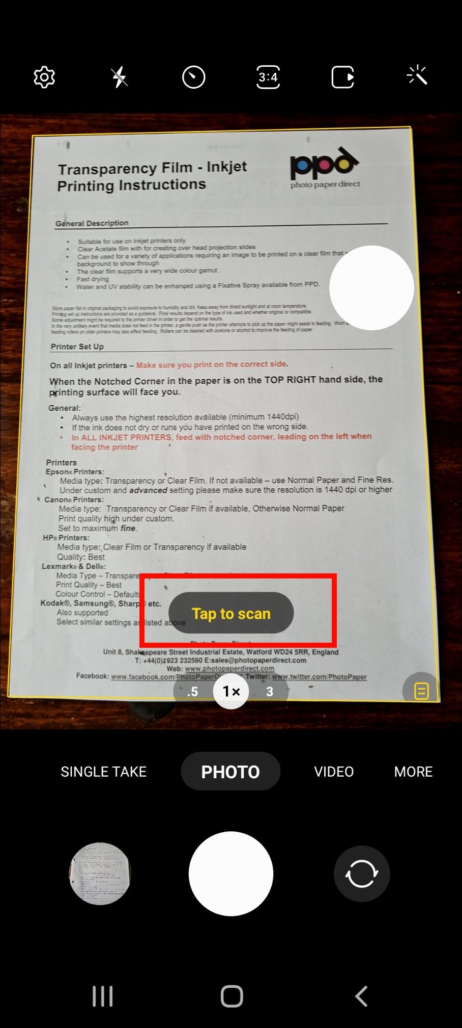 Samsung Galaxy camera scan mode screenshot
