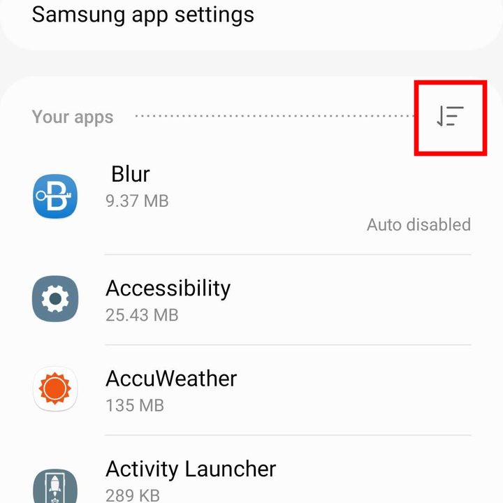 Where to find the filtering options in Samsung's app list.
