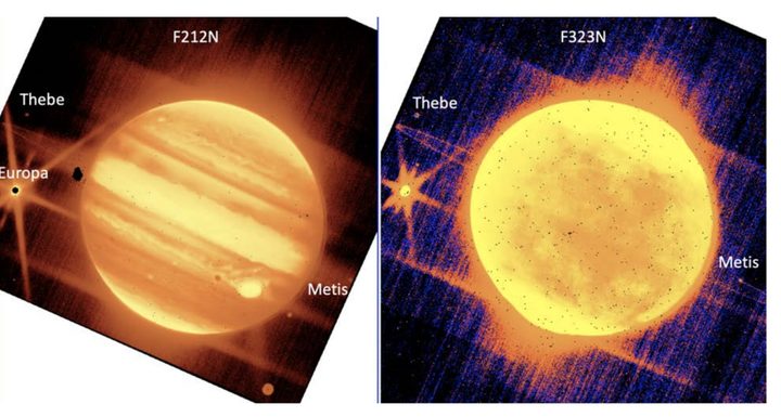 Left: Jupiter, center, and its moons Europa, Thebe, and Metis are seen through the James Webb Space Telescope’s NIRCam instrument 2.12 micron filter. Right: Jupiter and Europa, Thebe, and Metis are seen through NIRCam’s 3.23 micron filter.