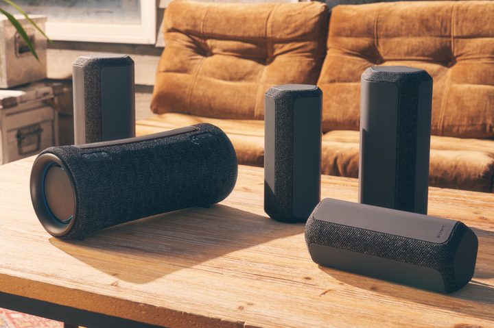 Family of Sony X-Series speakers seen on a table.