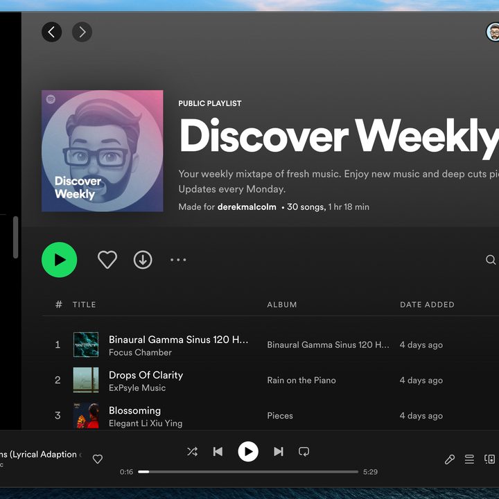 Spotify's Discover Weekly page on the desktop app.