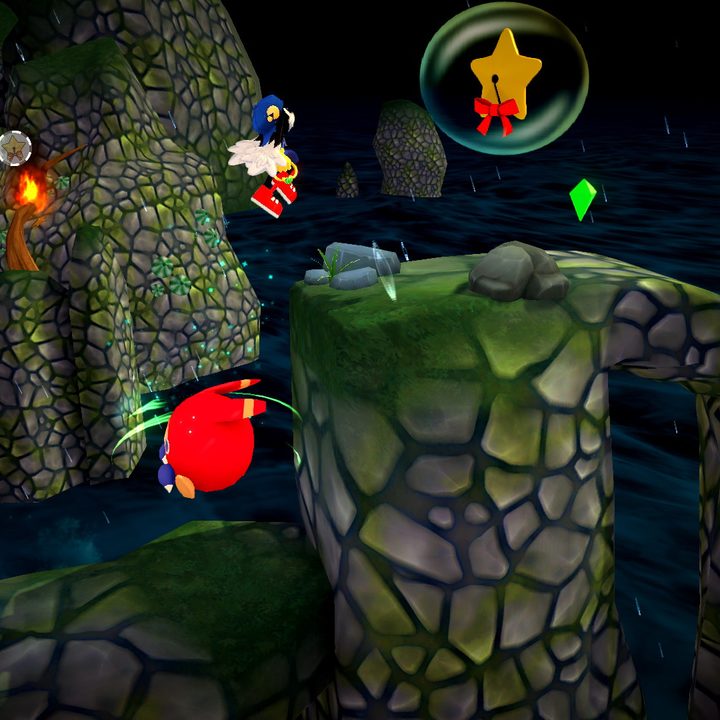 Klonoa jumping up a rocky structure.