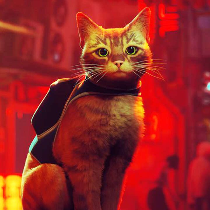 The main cat from Stray looking into the foreground with cyberpunk buildings behind him