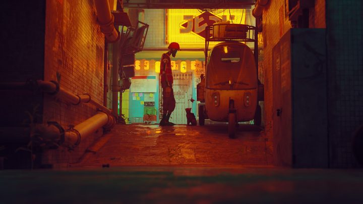 A cat and an android talk in an alley in Stray.