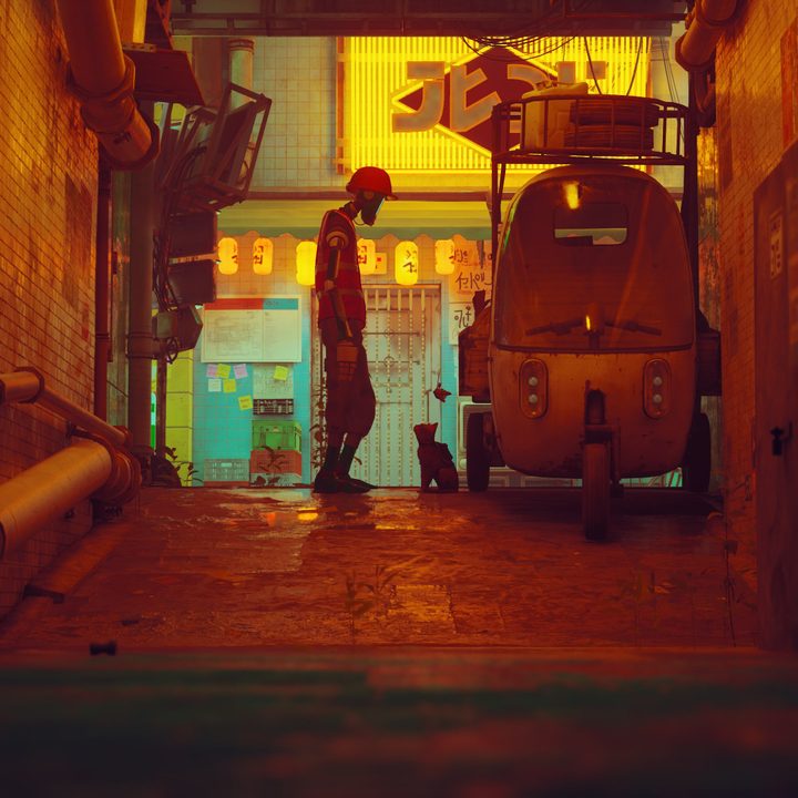 A cat and an android talk in an alley in Stray.