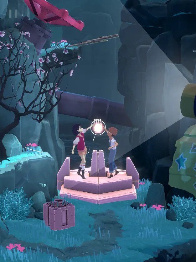 Two characters solve a puzzle in The Gardens Between on iPad Pro.