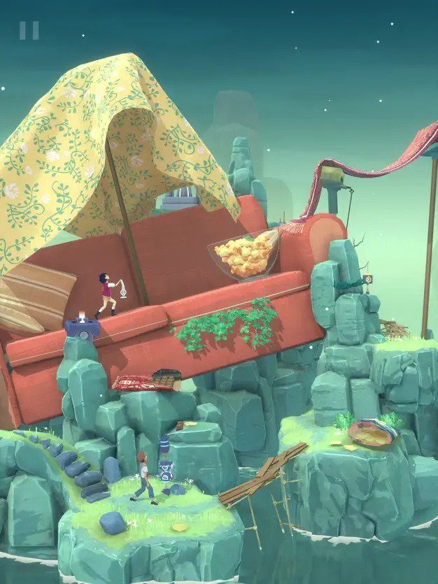A character runs across a couch suspended in the air in The Gardens Between on iPad.