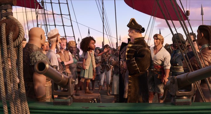 The captain and crew of the ship The Inevitable looks at stowaway Maisie in a scene from The Sea Beast.
