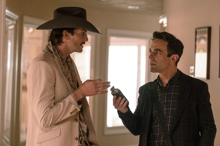 B.J. Novak talks to Ashton Kutcher in Vengeance.