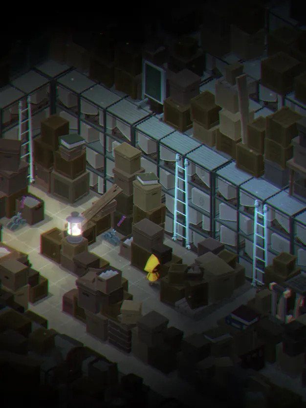 The main character in a yellow hooded jacket solves puzzles in Very Little Nightmares on the iPad.