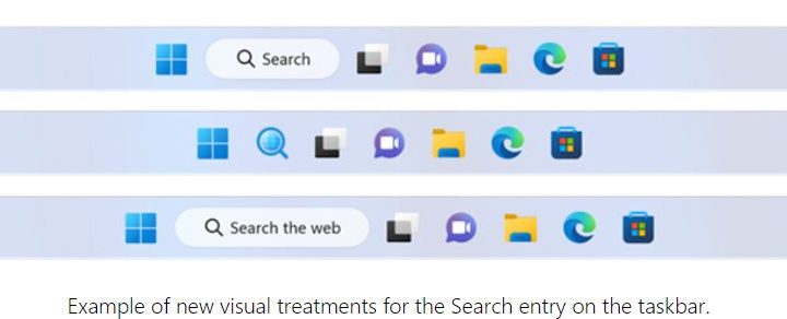 Windows 11 developer preview search options.