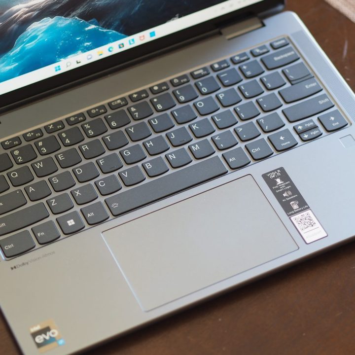 Lenovo Yoga 7i Gen 7 top down view showing keyboard and touchpad.