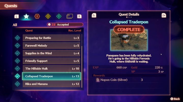 A quest log showing rewards.