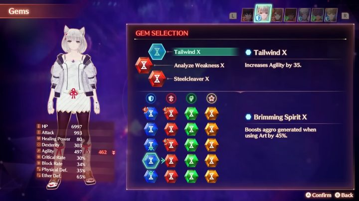 The character Gem equip screen.