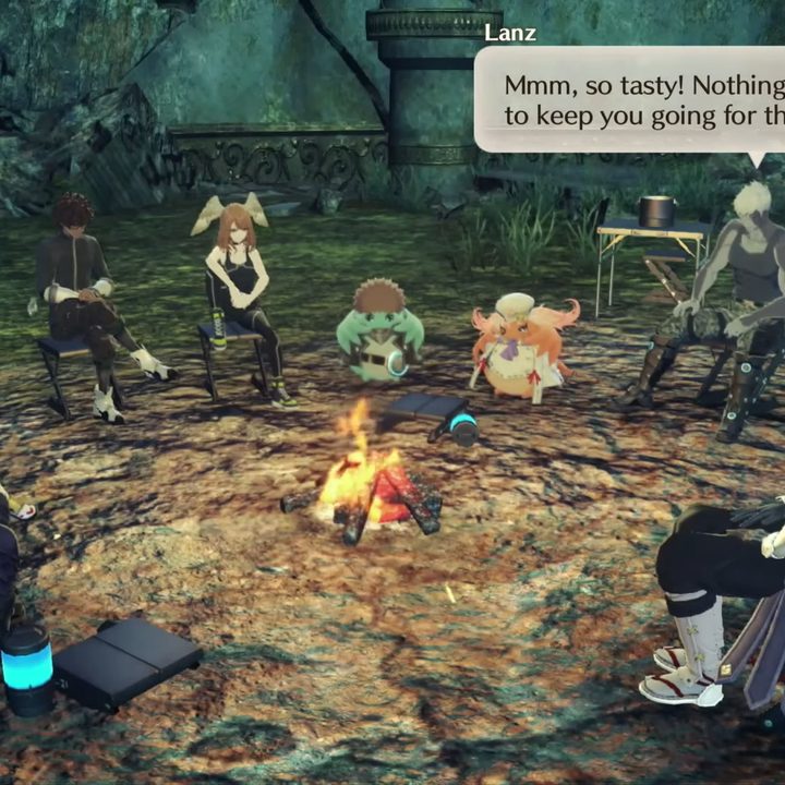Manana and the rest of the party sit by a campfire in Xenoblade Chronicles 3.