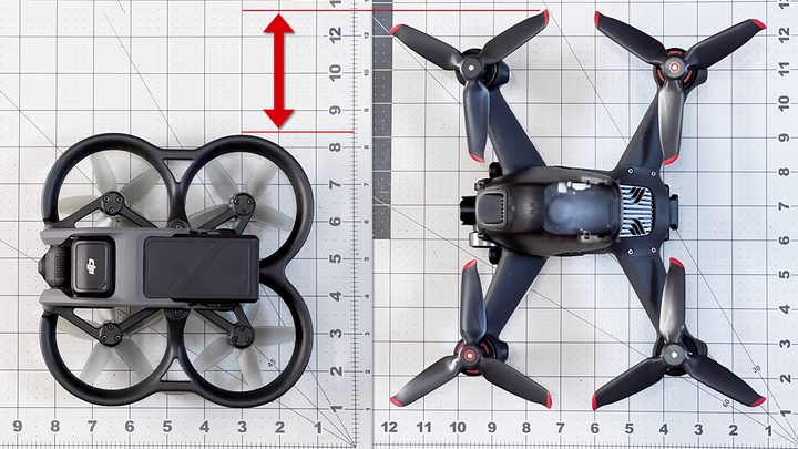 A photo showing the relative sizes of the DJI Avata and FPV drones
