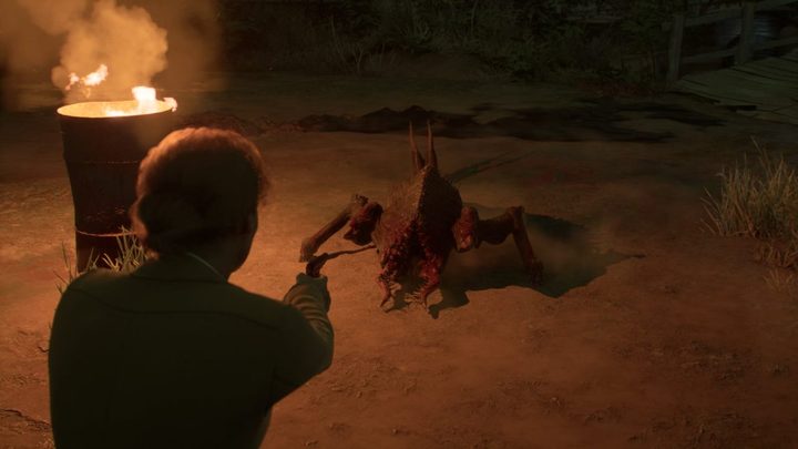Emily shooting a monster at night.