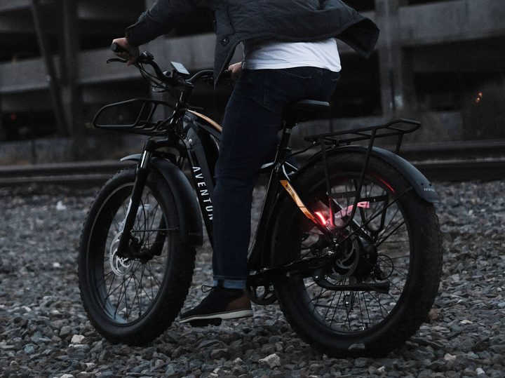 The Aventon Aventure e-bike ridden at night.
