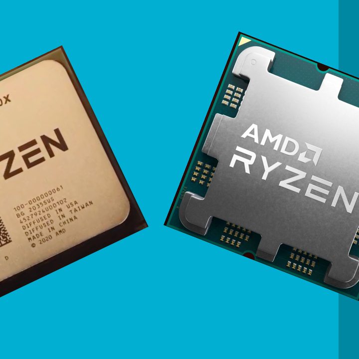 A Ryzen 5000 chip on the left and a Ryzen 7000 chip on the right against a blue background