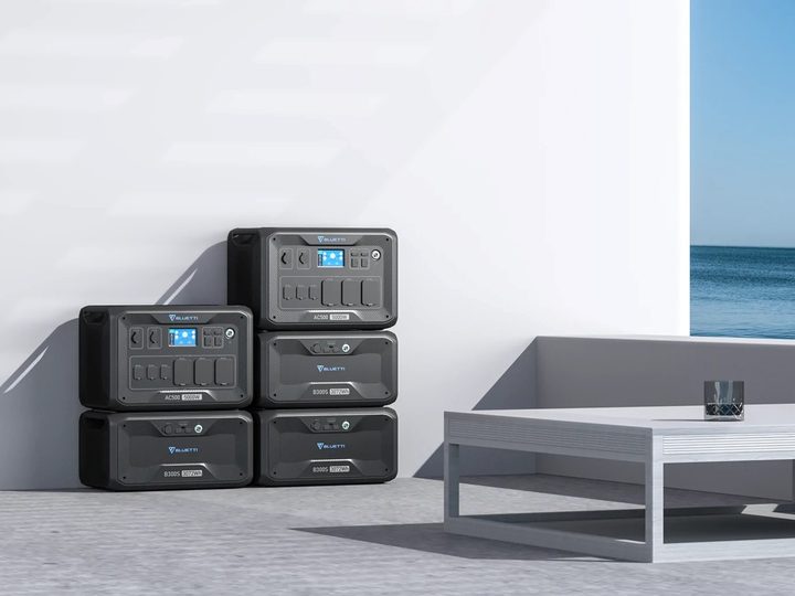 Bluetti AC500 and multiple B300S batteries stacked.