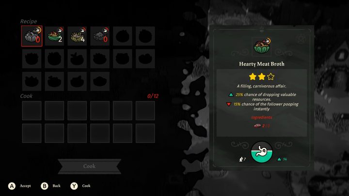 The cooking menu in Cult of the Lamb.
