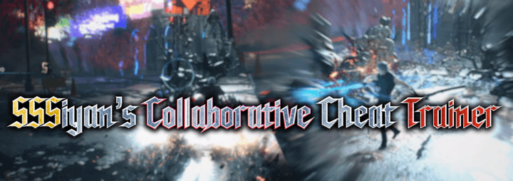 A cheat trainer logo over dmc 5 gameplay.