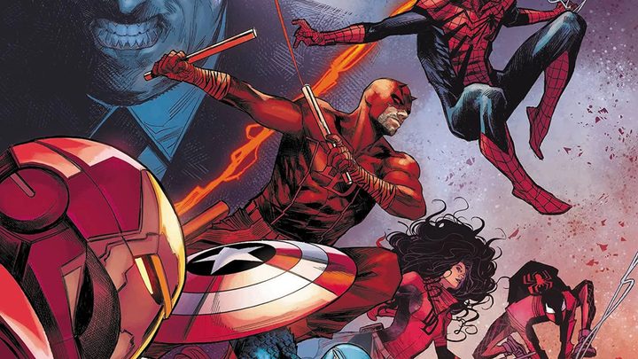 Daredevil with other heroes in Devil's Reign cover art.