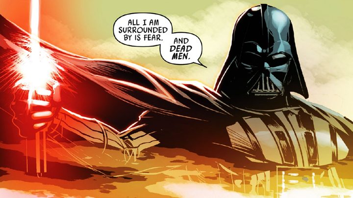 Darth Vader igniting his lightsaber against three squadrons of Rebels.